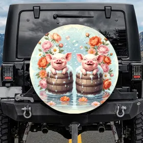 Baby Pigs Bath Bubbles Rustic Barrels Flowers - Farmhouse Decor Gift for Pig Lover Spare Tire Cover