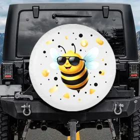Sunglass Cartoon Bee Geometric Shapes Dots - Everyday Decor Gift for Bee Lover Spare Tire Cover