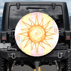 Golden Sun Swirling Core Watercolor Floral Clusters Vertical Bands - Home Decor Gift Spare Tire Cover