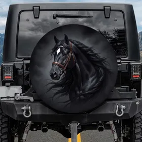 Powerful Black Horse White Blaze Leather Bridle Sweeping Mane - Horse Lover Gift Spare Tire Cover