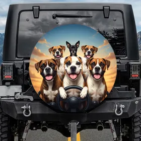 Six Boxer Dogs Group Portrait with Golden Hour Sky and Clouds - Dog Lover Gift Spare Tire Cover