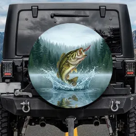 Leaping Largemouth Bass Lake Fishing Scene - Outdoor Adventure Angler Gift Spare Tire Cover