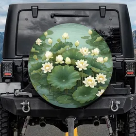 Asian Lotus Pond Flowers Leaves - Nature Lover Gift Spare Tire Cover