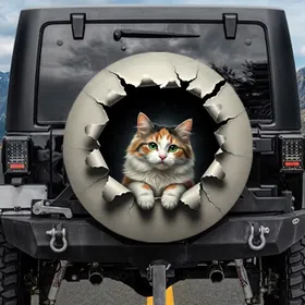 Calico Cat Peeking Torn Material Black Void - Cat Lover Home Decor Gift Spare Tire Cover