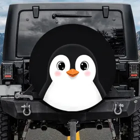 Penguin Face with Orange Beak and Pink Blush Spots - Penguin Lover Gift Spare Tire Cover