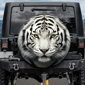 White Tiger Golden Gaze Fur Stripes - Outdoor Vehicle Decor for Tiger Lover Spare Tire Cover