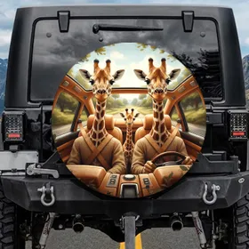 Giraffe Family Harness Cabin Road Trip with Lush Greenery - Wildlife Lover Gift Spare Tire Cover