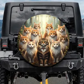 Red Bell Collar Maine Coon Cats Forest Clearing - Cat Lover Gift Spare Tire Cover