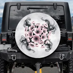Prominent Cluster Pink Flowers Dark Smoky Mist Tendrils - Car Accessory Gift Spare Tire Cover