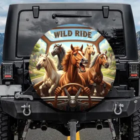 Group of Five Majestic Horses Sunlit Outdoor Landscape - Road Trip Essentials Gift Spare Tire Cover