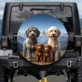 Four Fluffy Dogs Mountain Vista - Dog Lover Outdoor Adventure Gift Spare Tire Cover