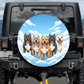 Five Distinct American Bully Dogs with Unique Markings Blue Sky Fluffy Clouds - Dog Lover Gift Spare Tire Cover