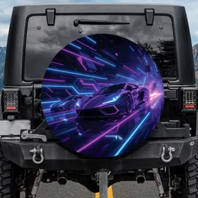Futuristic Sports Car Race Cyber Track - High-Speed Auto Enthusiast Gift Spare Tire Cover