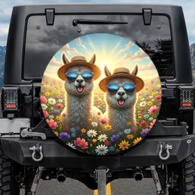 Alpacas Straw Hats Sunglasses Wildflower Meadow - Wildlife Lover Gift for Alpaca Lovers Spare Tire Cover