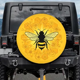 Black Bee Bright Yellow Stripe Golden Honeycomb Wildflower - Nature Lover Gift Spare Tire Cover