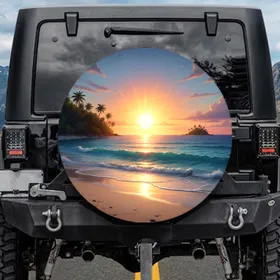 Setting Sun Tropical Ocean Beach Palm Trees Island Twilight Sky - Coastal Living Gift Spare Tire Cover