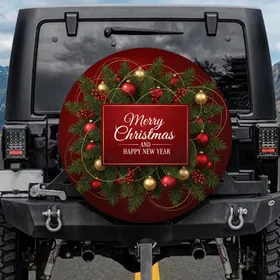 Merry Christmas Happy New Year Script Fir Branches Baubles - Christmas Holiday Gift Spare Tire Cover