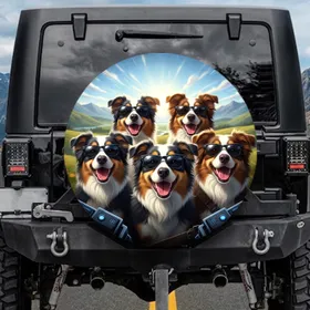 Happy Australian Shepherds Border Collies Sunglasses - Adventure Lover Gift for Dog Lover Spare Tire Cover