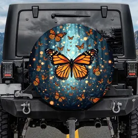 Monarch Butterfly Swarm Glowing Orbs Botanical Twilight Forest - Butterfly Lover Gift Spare Tire Cover