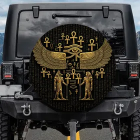 Golden Winged Eye Ra Anubis Pharaoh Ankh - Ancient Egypt Travel Essentials Spare Tire Cover