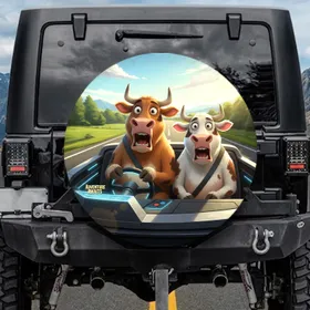 Cows Driving Car Road Trip Landscape - Travel Essentials Gift for Cow Lover Spare Tire Cover