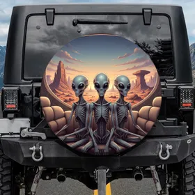 Gaunt Alien Figures Observation Deck Desert Landscape - Otherworldly Travel Gift Spare Tire Cover