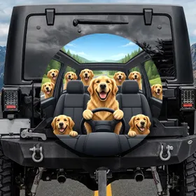 Joyful Golden Retrievers Car Adventure Road Trip Travel Essentials Dog Owner Gift Spare Tire Cover