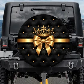 Golden Crown Satin Bow Black Tufted Gold Buttons Filigree Studs Car Enthusiast Gift Spare Tire Cover