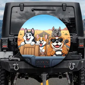 Happy Cartoon Dogs Road Trip - Travel Essentials Gift for Dog Lovers Spare Tire Cover