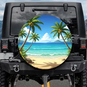 Tropical Palm Trees Golden Sand Ocean Waves - Outdoor Adventure Gift Spare Tire Cover
