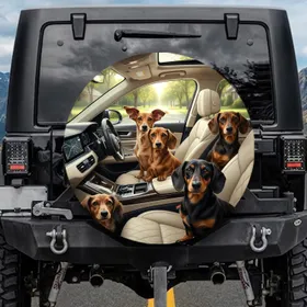 Dachshunds Driving Car Interior Scene - Road Trip Accessory for Dog Lovers Spare Tire Cover