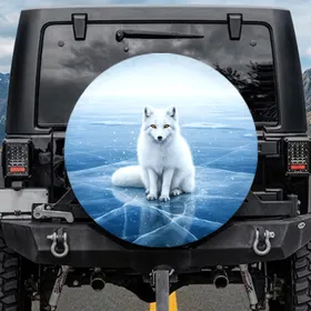 Majestic Arctic Fox White Fur Reflective Frozen Ice Lake Snow Flurries - Wildlife Lover Gift Spare Tire Cover