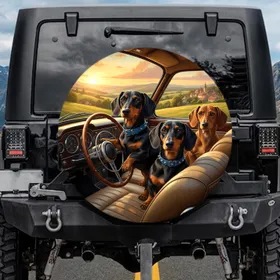 Dachshunds Driving Car Sunset Hills Village - Dog Lover Gift for Pet Owners Spare Tire Cover