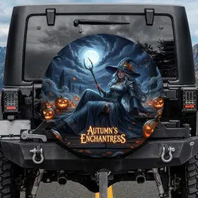 Sorceress Witch Hat Skull Jack-o'-lanterns Spectral Trees Autumn Moon - Halloween Party Gift Spare Tire Cover