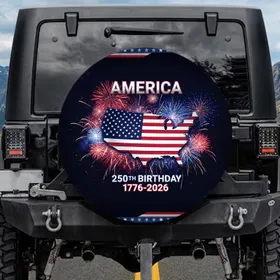 America Flag Map Fireworks 250th Birthday 1776-2026 Celebration Spare Tire Cover