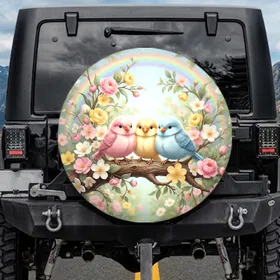 Fluffy Baby Birds Spring Flowers Garden Rainbow - Wildlife Lover Gift Spare Tire Cover
