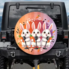 Three White Rabbits Carrots Microphones Music Notes Stripes - Kids Room Decor Gift Spare Tire Cover