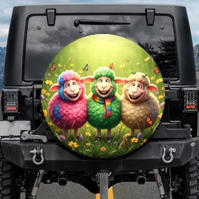 Grinning Cartoon Sheep Wildflower Meadow - Wildlife Lover Farmhouse Decor Gift Spare Tire Cover
