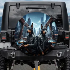 Doberman Biker Dogs Mirrored Aviator Urban Vista - Car Enthusiast Dog Lover Gift Spare Tire Cover