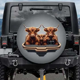 Highland Cow Family Cabin Steering Wheel - Farmhouse Decor Gift for Cow Lover Spare Tire Cover