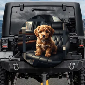 Small Golden-Brown Puppy Bright Eyes Dark Upholstery Interior - Dog Lover Gift Spare Tire Cover