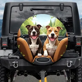 Happy Pit Bull Dogs Car Interior Outdoor Scene - Dog Lover Gift for Pit Bull Lovers Spare Tire Cover