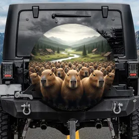 Capybara Group River Valley Landscape - Wildlife Lover Gift Spare Tire Cover