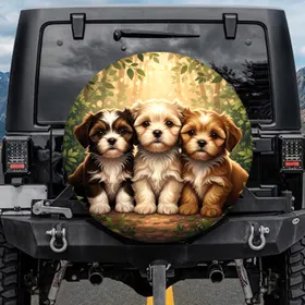 Shih Tzu Puppies Dappled Foliage - Dog Lover Gift Spare Tire Cover