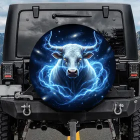Majestic White Bull Head Lightning Electric Blue Cosmic Nebula - Wildlife Lover Gift Spare Tire Cover