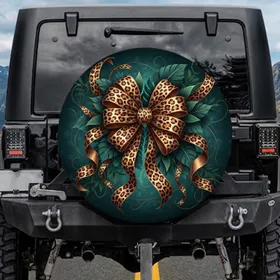 Opulent Leopard Ribbon Bow Dark Jungle Leaves - Vehicle Accessory Gift Spare Tire Cover