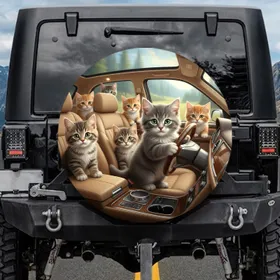 Fluffy Grey Kitten Driving Car with Five Friends - Home Decor Gift for Kitten Lovers Spare Tire Cover