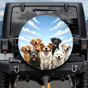 Joyful Dog Pack Blue Sky Clouds - Outdoor Adventure Travel Gift for Pet Owners Spare Tire Cover