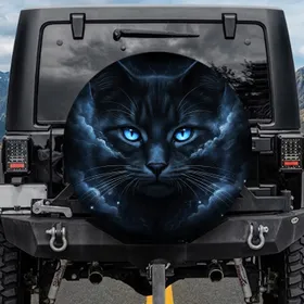 Piercing Luminous Electric Blue Feline Eyes Dark Fur - Wildlife Cat Lover Gift Spare Tire Cover