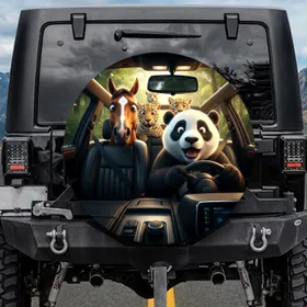Shocked Panda Horse Leopard Forest Car Ride - Wildlife Lover Adventure Gift Spare Tire Cover